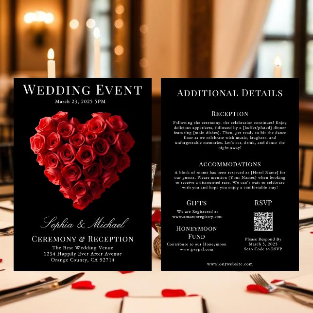 Invitation Couverture de Magazine de Mariage Tout en Un (Wedding Invitation Red Roses in the Shape of a Heart- Black White and Red)