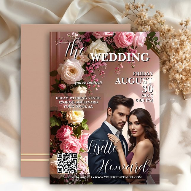 Invitation Couverture de Magazine Glamour Mariage (Elegant wedding invitation in retro magazine cover style.= with pink floral rose arch)