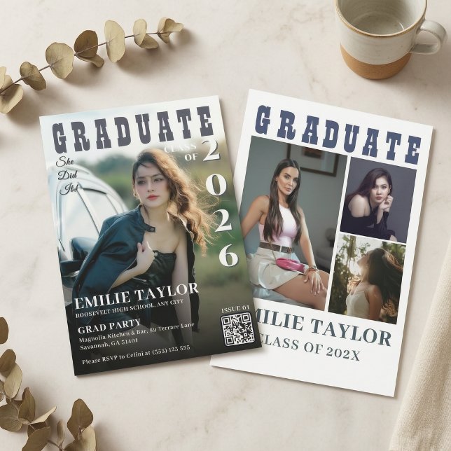 Invitation Couverture de magazine moderne Photo QR Code Alors (Modern Magazine Cover Then & Now Photo QR Code Invitation)