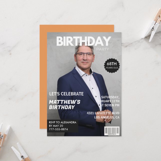 Invitation Couverture de magazine moderne pour son 68e annive (Devant/Arrière en situation)