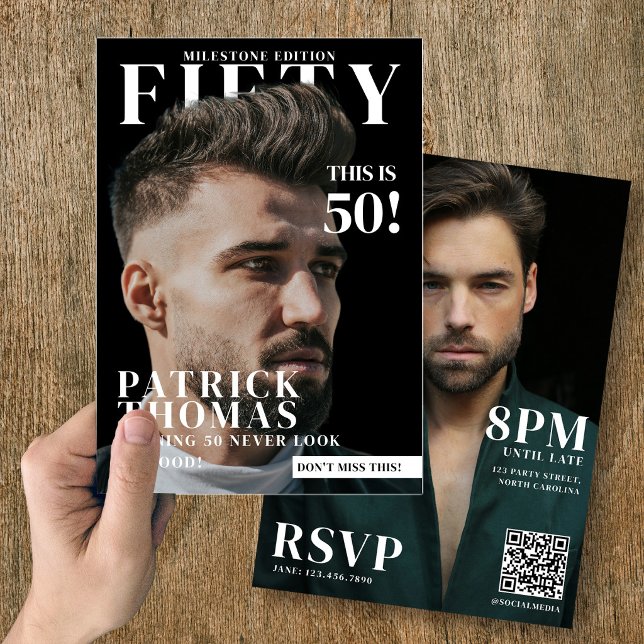 Invitation Couverture de magazine personnalisée pour les 50 a (Custom Photos Birthday Magazine Cover Male 50th Invitation)