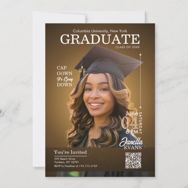 Invitation Couverture de magazine Toile de graduation Robe Or (Devant)