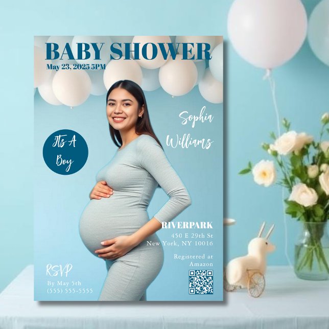 Invitation Couverture du magazine baby shower (Baby Shower Magazine Cover Invitation blue )