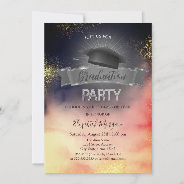 Invitation Couvre-chef de graduation noir aquarelle colorée d (Devant)