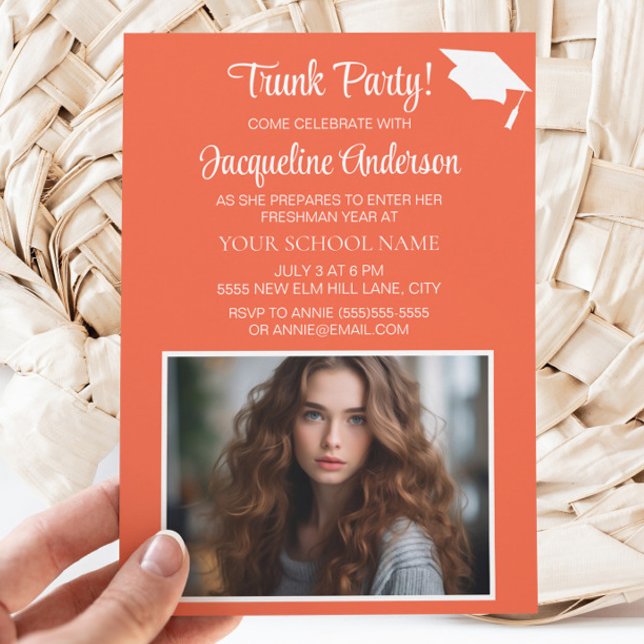 Invitation Couvre-diplôme dégradation orange et blanc Trunk P (Orange graduation Trunk Party photo invitation)