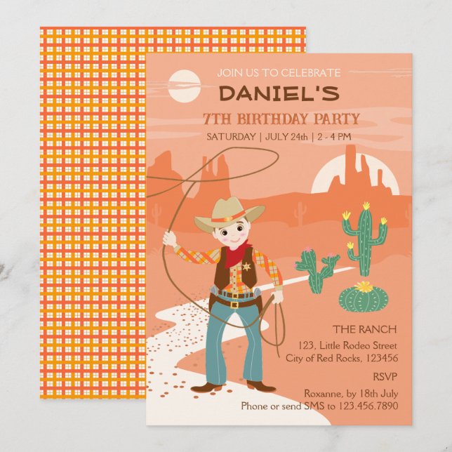 Invitation Cow-boy avec un lasso et des cactus Fête d'anniver (Devant / Derrière)