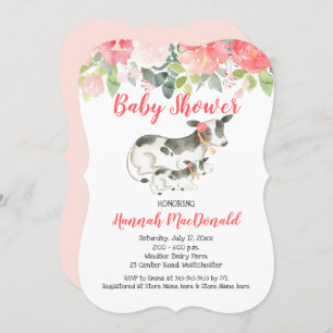 Invitation Cow Farm Coral et Pink Floral Baby shower Invitati
