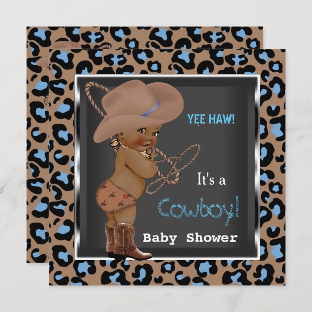 Invitation Cowboy Baby shower Boy Blue Brown Ethnic (Devant / Derrière)