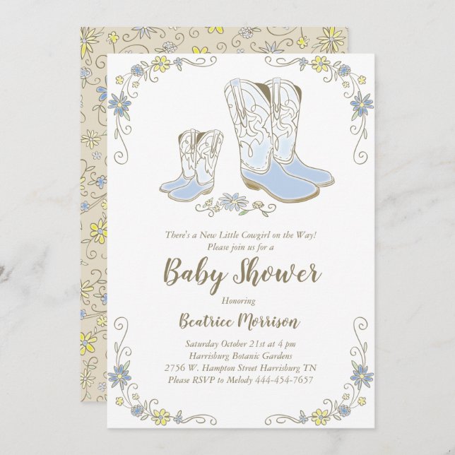 Invitation Cowboy Baby shower Pays Western Blue Boy (Devant / Derrière)