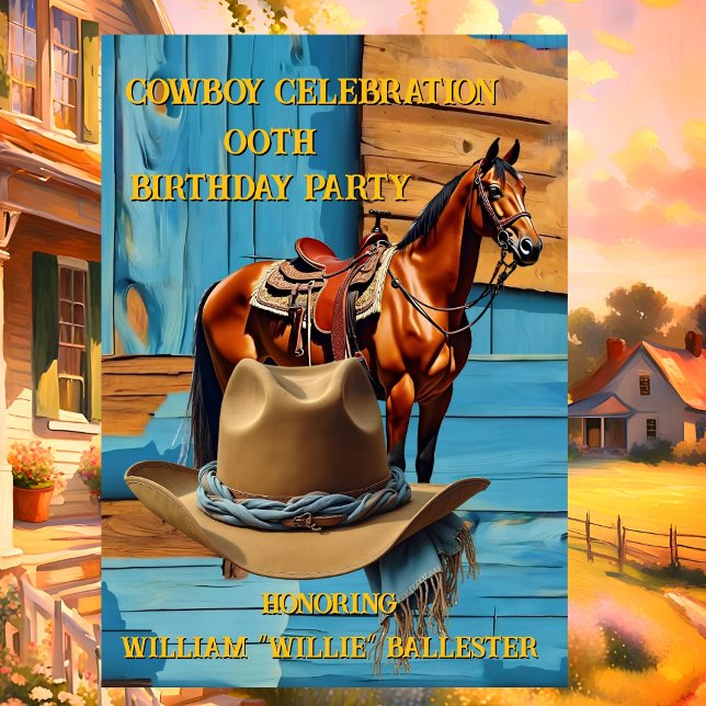 Invitation Cowboy Birthday Party Barn Horse Hat blue brown (Créateur téléchargé)