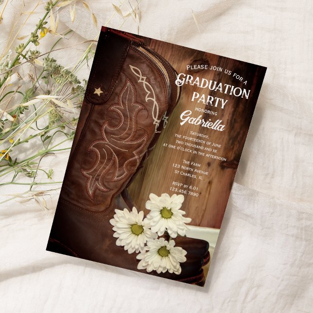 Invitation Cowboy Boot White Daisies Western Graduation Party (Créateur téléchargé)