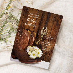 Invitation Cowboy Boots and Daisy Country Birthday Party
