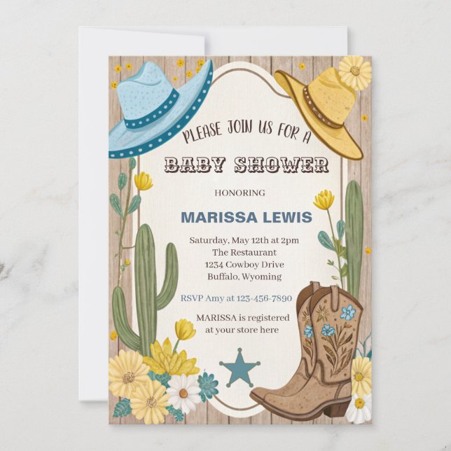 Invitation Cowboy budget Bleu Jaune bottes occidentales senti (Devant)