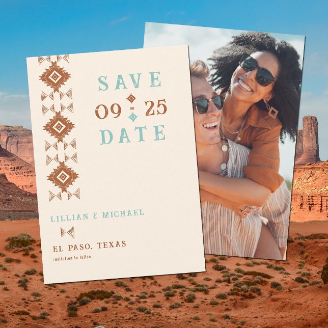 Invitation Cowboy Country Western Aztec Wedding Enregistrer l (western country cowboy desert wedding save the date photo terracotta teal)