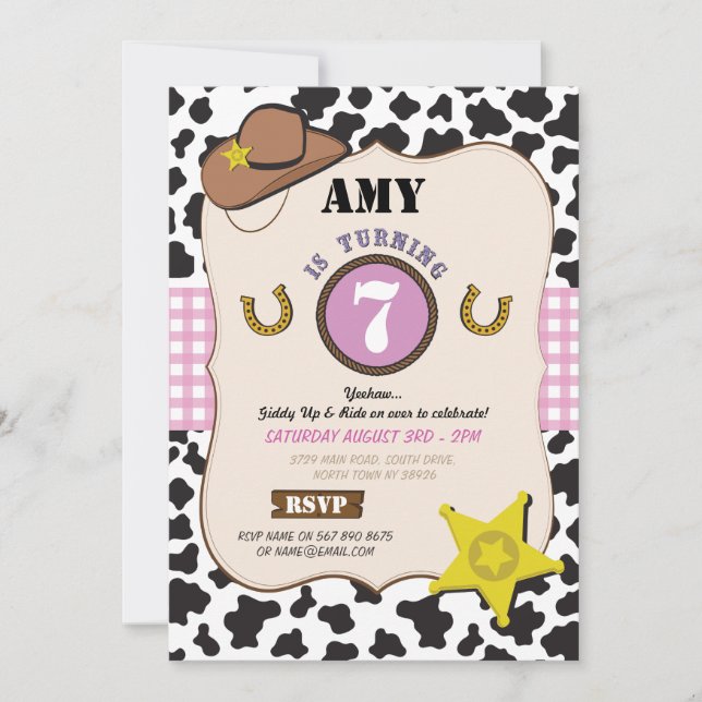 Invitation Cowboy Cowgirl Anniversaire Fête Vache fille rose  (Devant)