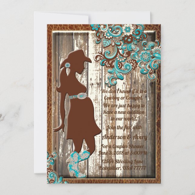 Invitation Cowboy Cowgirl Turquoise Couples Brown Baby shower (Devant)