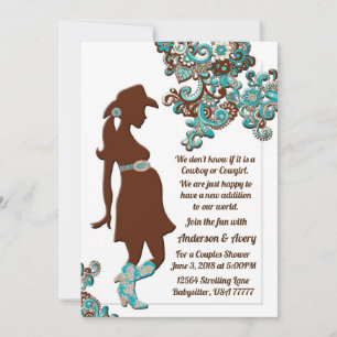 Invitation Cowboy Cowgirl Turquoise Couples Brown Baby shower