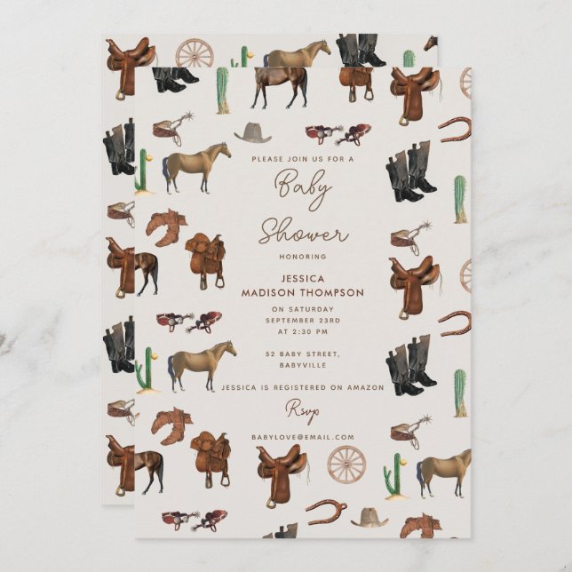 Invitation Cowboy Cowgirl Western Rodeo Pays Baby shower (Devant / Derrière)