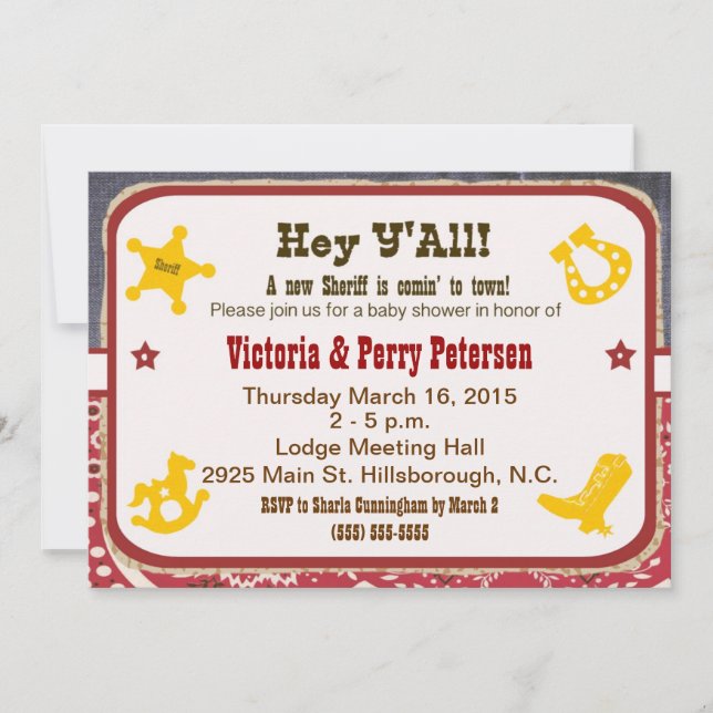 Invitation Cowboy Cute Boy ou Girl Baby shower - (Devant)
