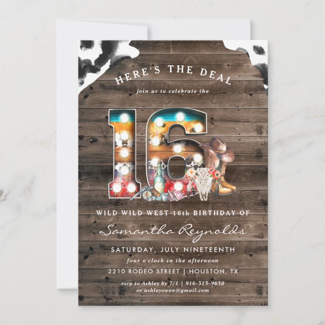 Invitation Cowboy Far West pour 16e anniversaire (Devant)