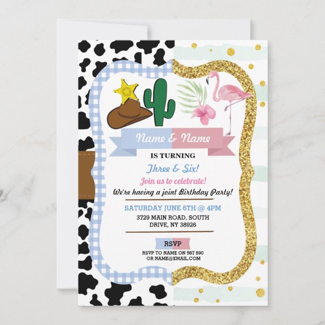 Invitation Cowboy & Flamant rose Joint Boy Girl Anniversaire (Devant)