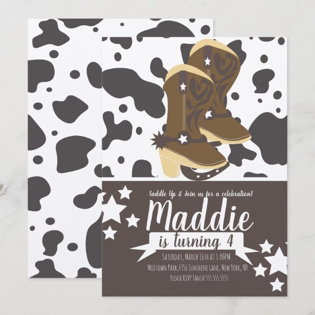 Invitation Cowboy Girl Birthday Cow Imprimer (Devant / Derrière)