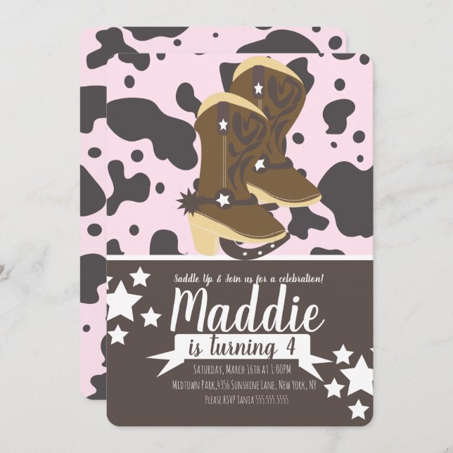 Invitation Cowboy Girl Birthday Cow Print Party | Rose (Devant / Derrière)