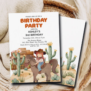 Invitation Cowboy Girl on Horse 3e fête d'anniversaire
