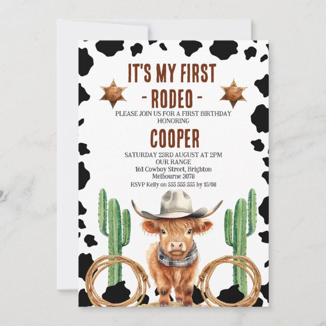 Invitation Cowboy Highland Cow Mon premier rodéo 1er annivers (Devant)
