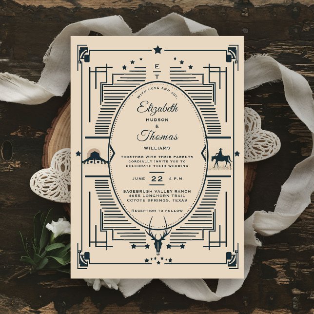 Invitation Cowboy Mariage Rustique Vintage Ouest Élégant (western wedding invitation cowboy cowgirl country rustic ranch barn outdoor vintage southwest desert)