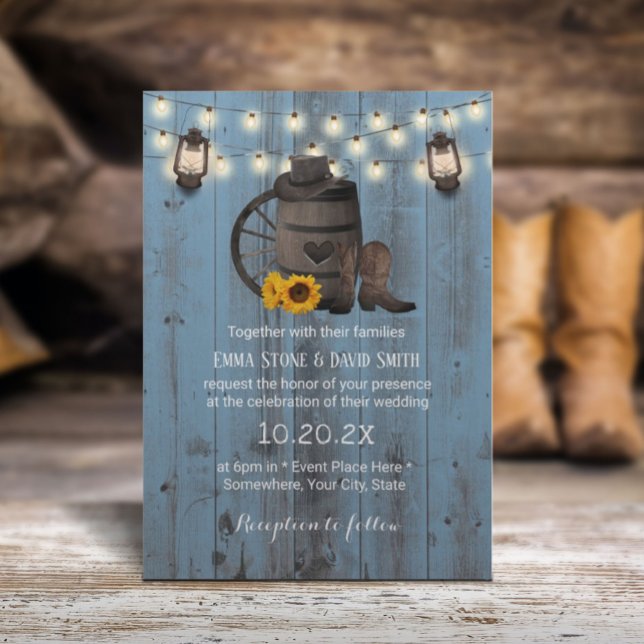 Invitation Cowboy Mariage Sunflower Lanterne Dusty Blue Wood (Créateur téléchargé)