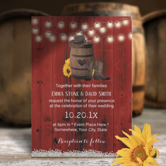 Invitation Cowboy Mariage Tournesol rustique Rouge Grange Boi (Créateur téléchargé)
