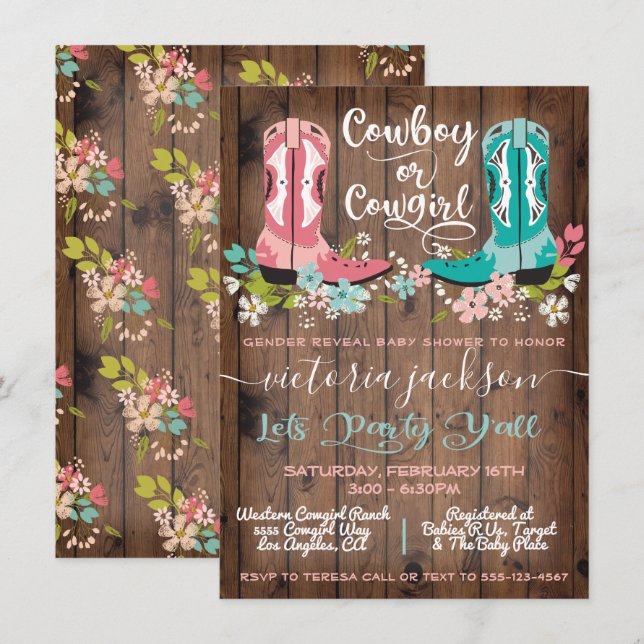 Invitation Cowboy ou Cowgirl Baby shower Genre Reveillez Invi (Devant / Derrière)