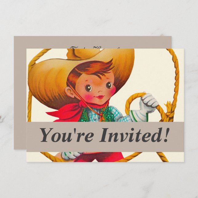Invitation Cowboy Retro Boy Child Cute Western (Devant / Derrière)