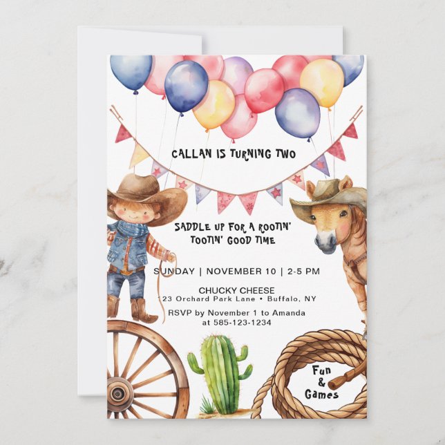 Invitation Cowboy Rootin'Rootin' Heure Anniversaire Invitatio (Devant)