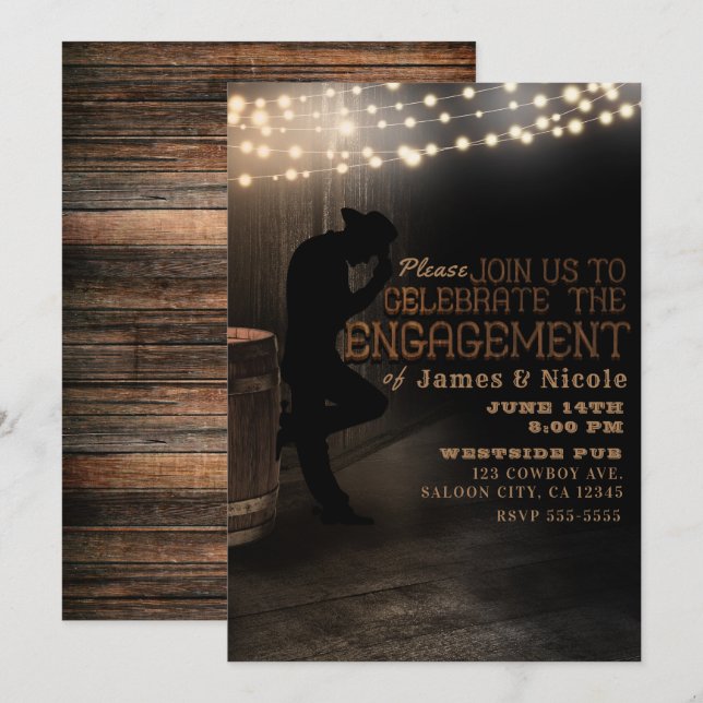 Invitation Cowboy Rustic Country Saloon Pub Engagement Party (Devant / Derrière)