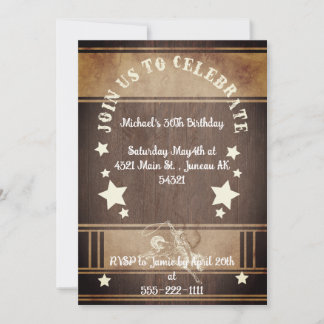 Invitation Cowboy rustique en bois sur le thème du 30e annive