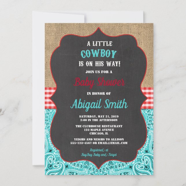 Invitation Cowboy turquoise burlap rouge rustique baby shower (Devant)