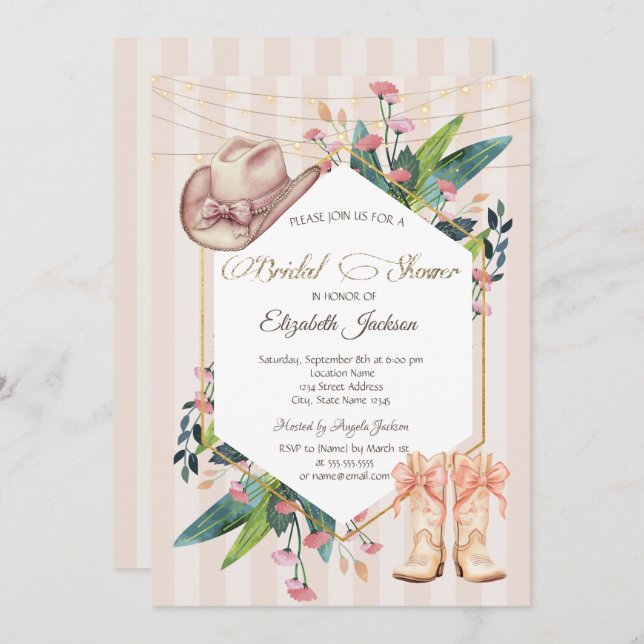Invitation Cowboy Western Floral Frame Striped Bridal Shower  (Devant / Derrière)