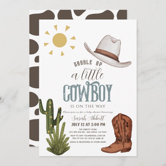 Invitation Cowboy Western Wild West Boy Baby shower (Devant / Derrière)