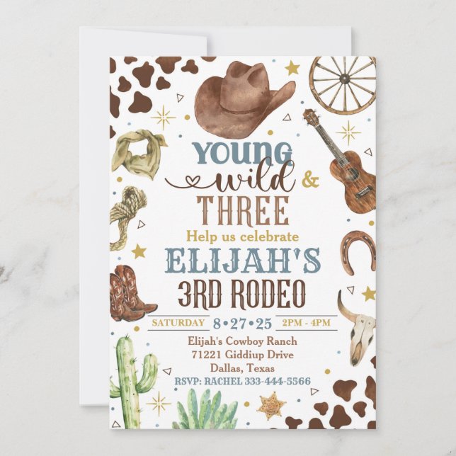 Invitation Cowboy, Young Wild and Three, 3e Rodeo (Devant)