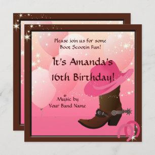 Invitation Cowgirl 16e anniversaire de la fête Boot Scottin C