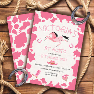 Invitation Cowgirl 1st Rodeo Vache motif fête d'anniversaire