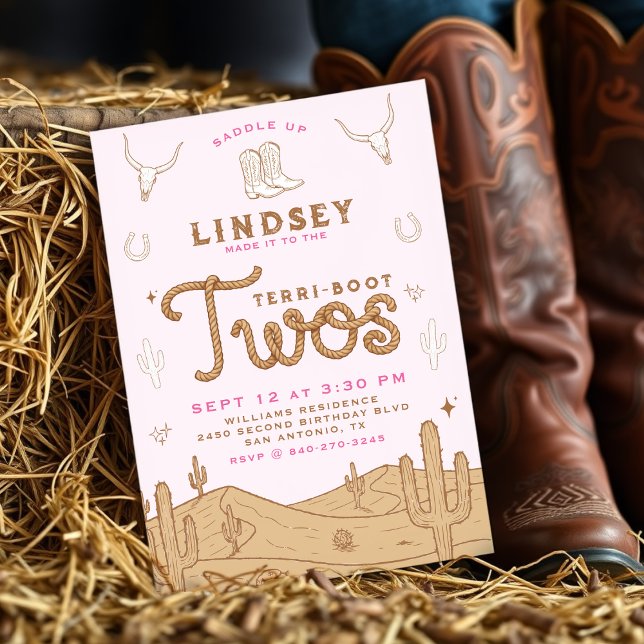 Invitation Cowgirl 2nd Birthday Party Terri-Boot Twos Pink (Créateur téléchargé)