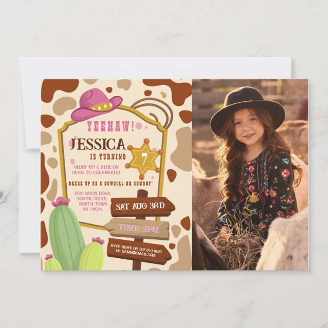 Invitation Cowgirl Anniversaire Fille Occidentale Pink Photo (Devant)