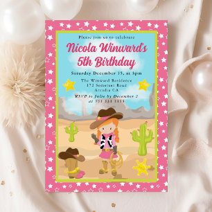 Invitation Cowgirl aux Cheveux Roux Anniversaire Enfant Thème