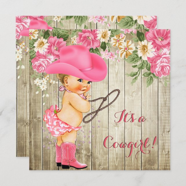 Invitation Cowgirl Baby shower Bottes roses Floral Blonde Bab (Devant / Derrière)