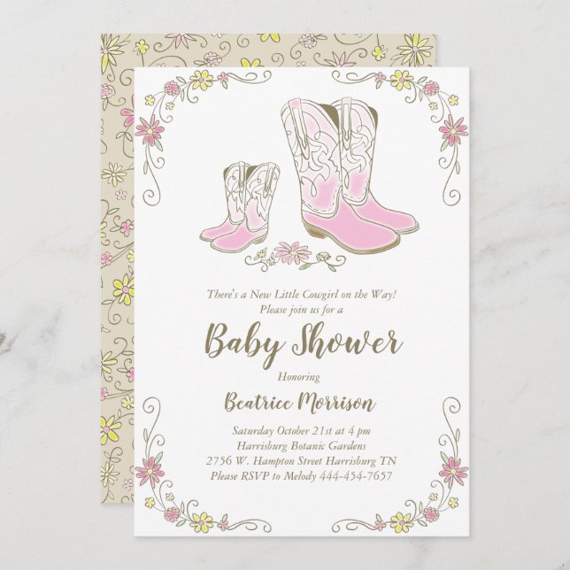 Invitation Cowgirl Baby shower Pays Western Rose Girl (Devant / Derrière)