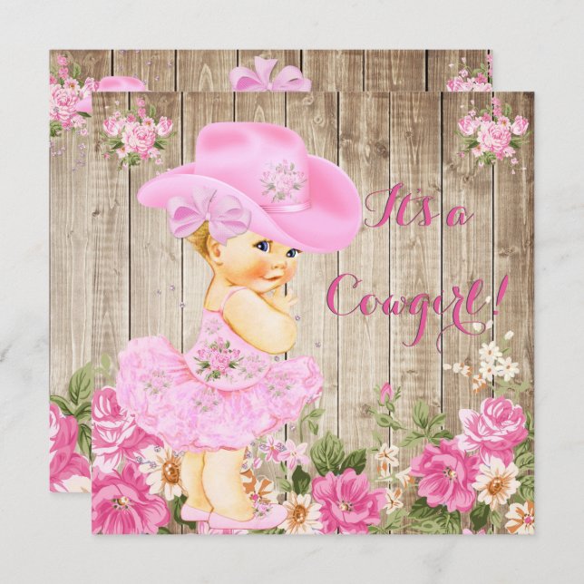 Invitation Cowgirl Baby shower rose Rustique Bois fille Blond (Devant / Derrière)
