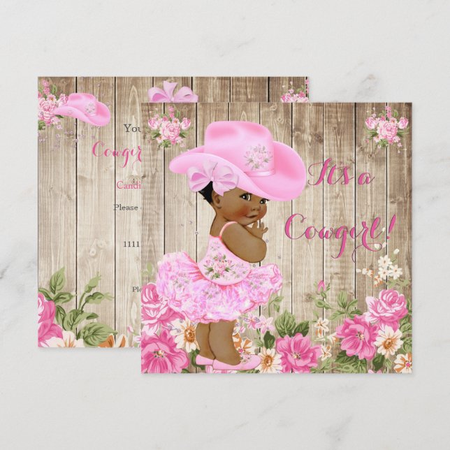 Invitation Cowgirl Baby shower rose Rustique Bois Girl Ethniq (Devant / Derrière)